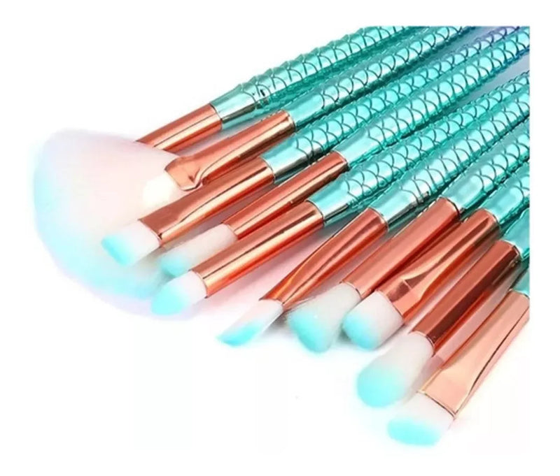 Kit de 10 Pincéis de Maquiagem Sereia Conjunto Completo para Aplicação Profissional de Maquiagem e Acabamento com Qualidade
