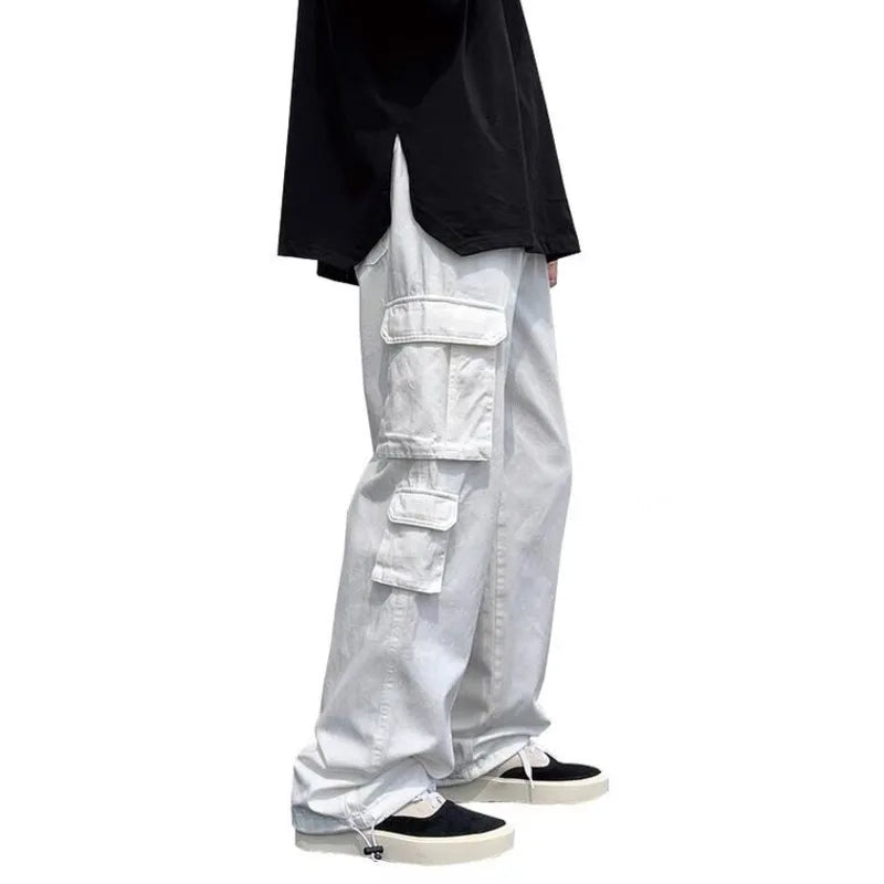 Calças de carga pretas / brancas masculinas moda solta reta calças de perna larga homens streetwear hip-hop bolso calças casuais calças masculinas
