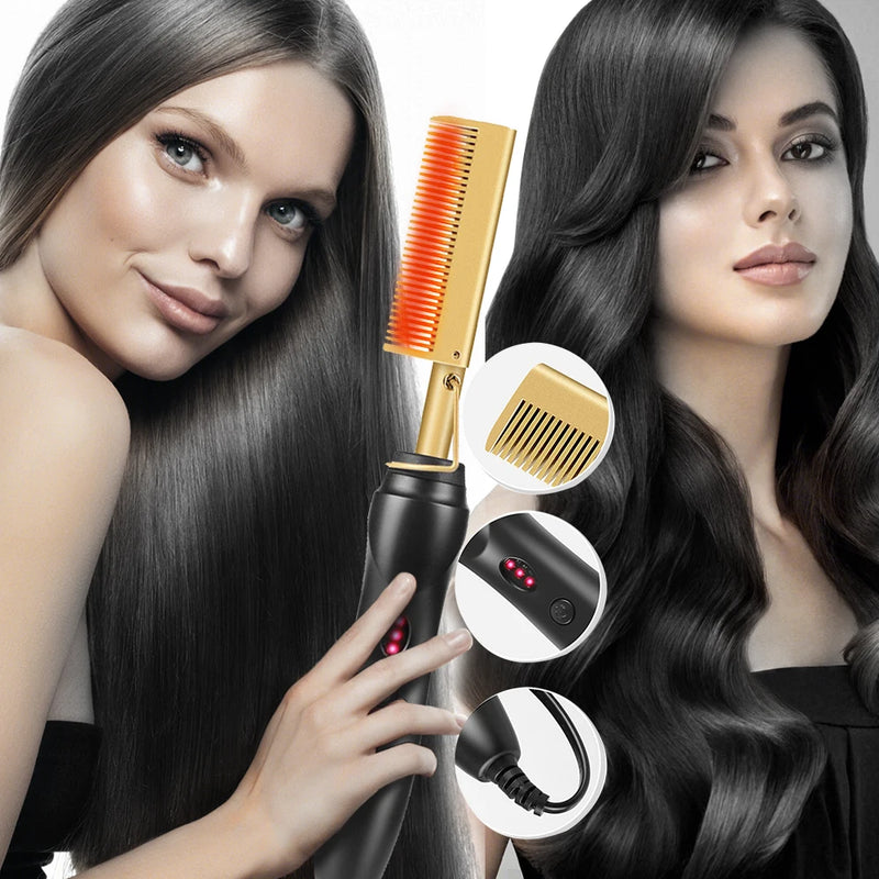 Escova alisadora 2 em 1, escova de cabelo elétrica com aquecimento rápido, portátil, ideal para viagem, alisador de barba com proteção contra queimaduras.