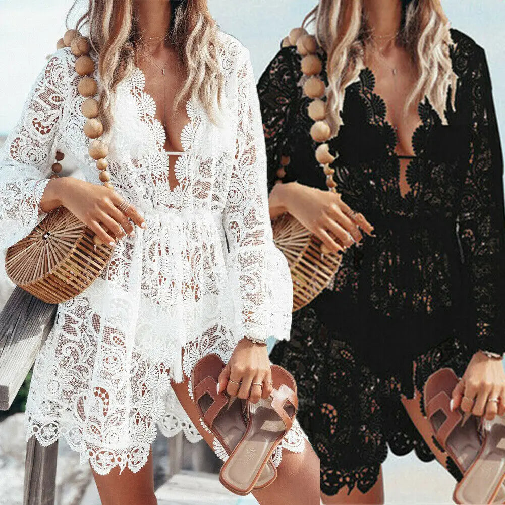 Venda quente Mulheres Sexy Com Decote Em V Lace Praia Biquíni Cover Up Feminino Boho Festa Casual Férias Praia Vestido Vestido de Verão Cover Up Outfits
