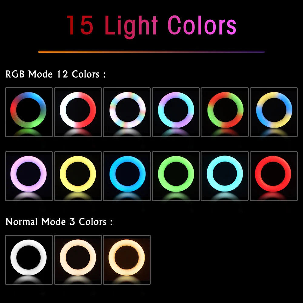 Luz de Anel LED RGB de 6/10/12 Polegadas, Lâmpada de Anel para Selfie, 15 Cores, 3 Modos com Suporte de Tripé, Plug USB para Transmissão ao Vivo no YouTube, Maquiagem e Fotografia