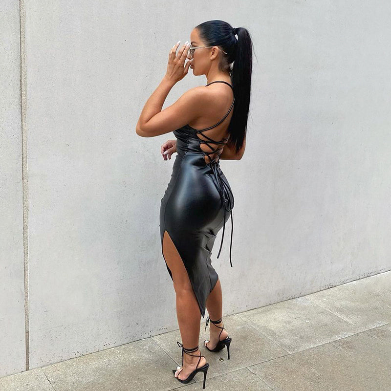 Mulheres Sexy Suspender Mid-length Bodycon Dress Moda Cor Sólida Bandagem de Couro Backless Skinny Split Dress Para Mujer Feminino