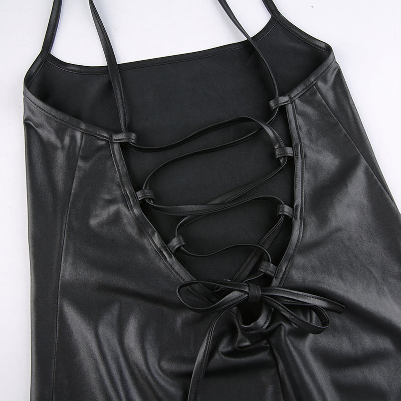 Mulheres Sexy Suspender Mid-length Bodycon Dress Moda Cor Sólida Bandagem de Couro Backless Skinny Split Dress Para Mujer Feminino