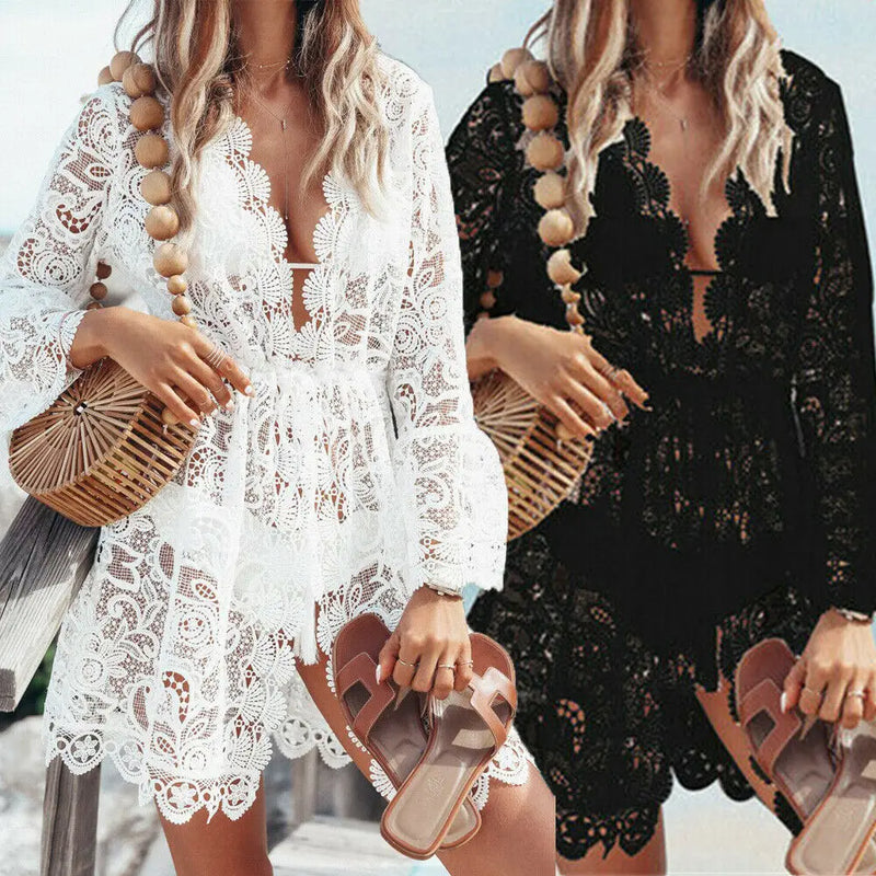 Venda quente Mulheres Sexy Com Decote Em V Lace Praia Biquíni Cover Up Feminino Boho Festa Casual Férias Praia Vestido Vestido de Verão Cover Up Outfits