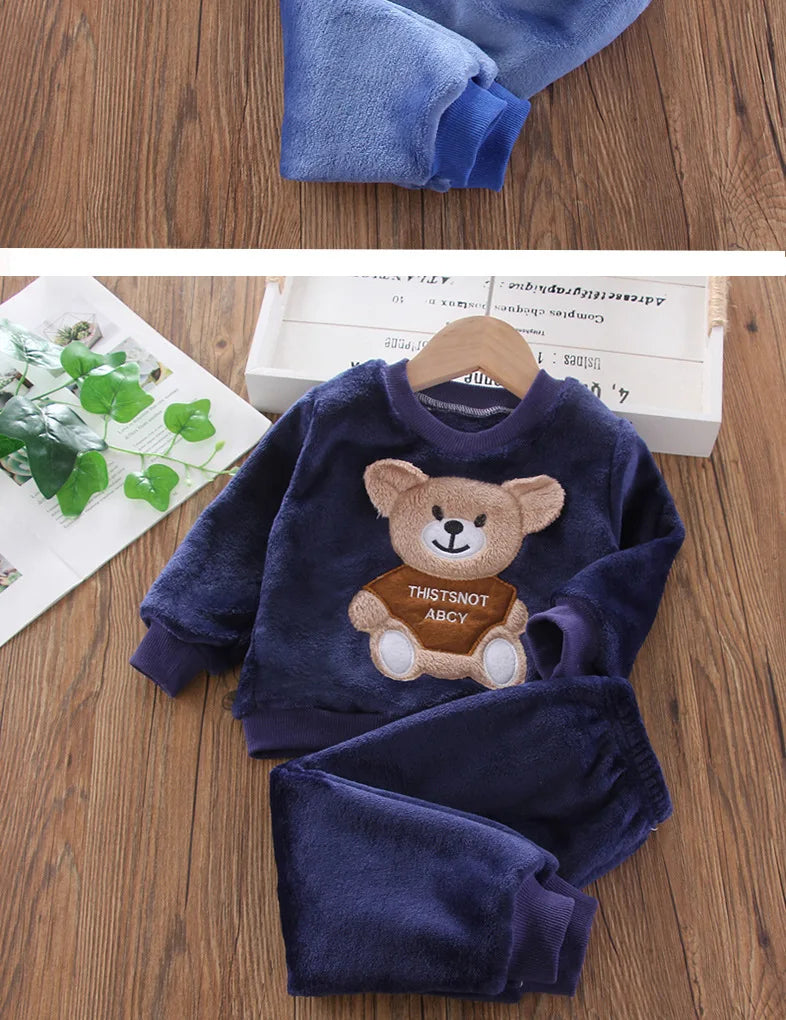 Novo Inverno Bebê Meninas Meninos Homewear Conjuntos Outono Moda Flanela Roupas de Lã Crianças Dos Desenhos Animados Urso Pijamas Crianças Pijamas