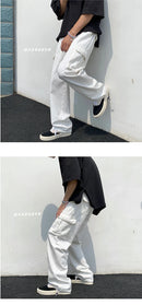 Calças de carga pretas / brancas masculinas moda solta reta calças de perna larga homens streetwear hip-hop bolso calças casuais calças masculinas