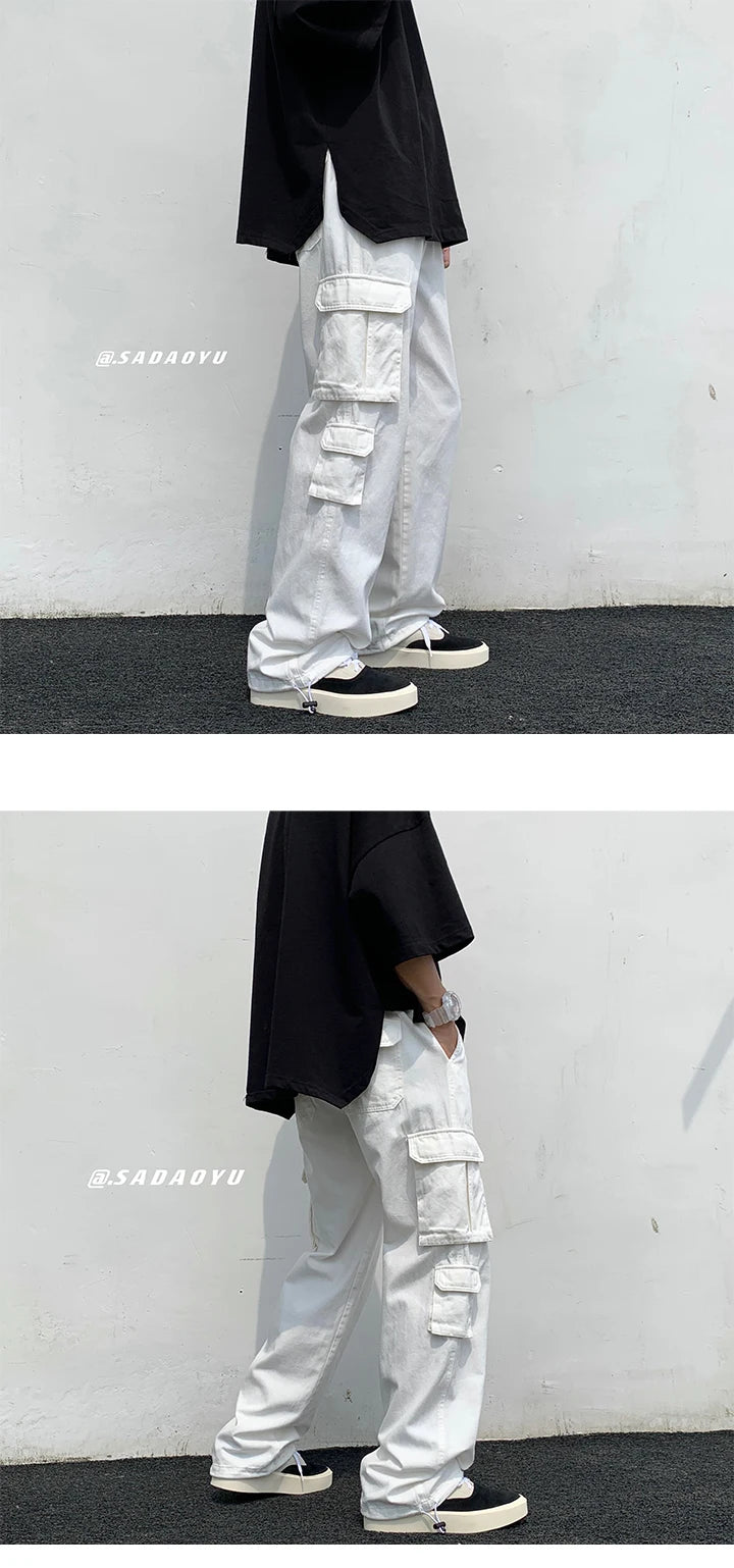 Calças de carga pretas / brancas masculinas moda solta reta calças de perna larga homens streetwear hip-hop bolso calças casuais calças masculinas