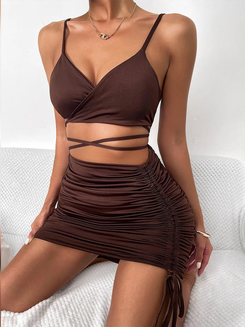 Sexy Spaghetti Strap String Cross Bodycon Dress para Mulheres Sólido Backless Cut-out Night Club Vestido Verão Sem Mangas Mini Vestido