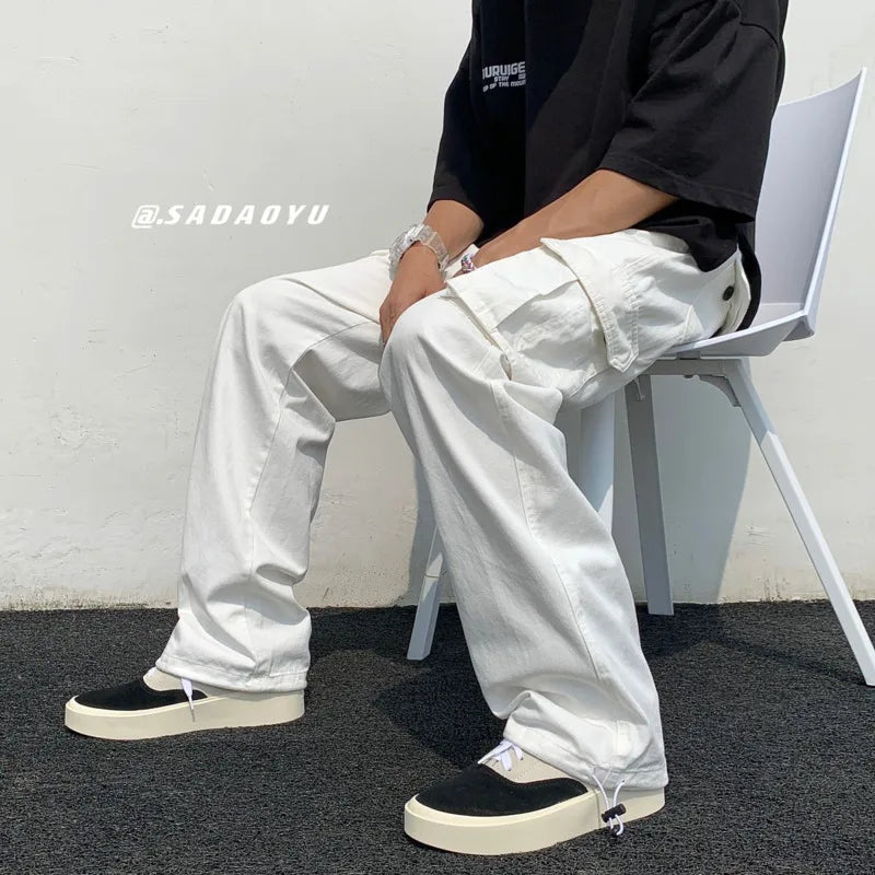 Calças de carga pretas / brancas masculinas moda solta reta calças de perna larga homens streetwear hip-hop bolso calças casuais calças masculinas