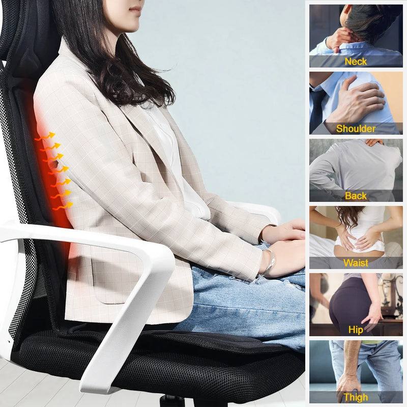 Massageador Elétrico para Costas, Almofada de Cadeira com Massagem, Aquecimento e Vibração, para Carro, Casa ou Escritório, Alívio de Dor na Lombar e Pescoço