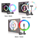 Luz de Anel LED RGB de 6/10/12 Polegadas, Lâmpada de Anel para Selfie, 15 Cores, 3 Modos com Suporte de Tripé, Plug USB para Transmissão ao Vivo no YouTube, Maquiagem e Fotografia