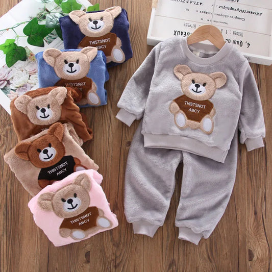 Novo Inverno Bebê Meninas Meninos Homewear Conjuntos Outono Moda Flanela Roupas de Lã Crianças Dos Desenhos Animados Urso Pijamas Crianças Pijamas