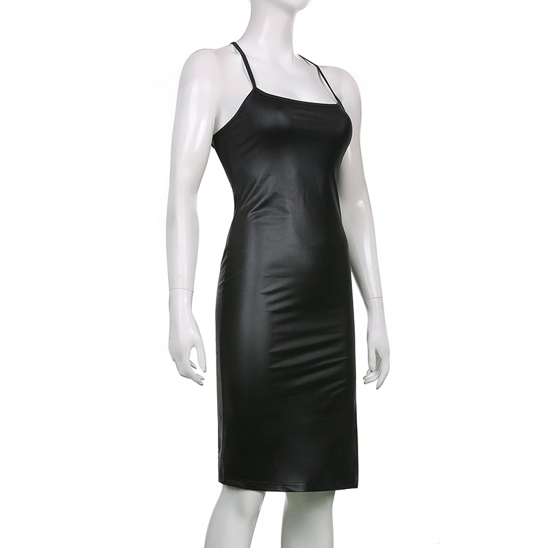 Mulheres Sexy Suspender Mid-length Bodycon Dress Moda Cor Sólida Bandagem de Couro Backless Skinny Split Dress Para Mujer Feminino