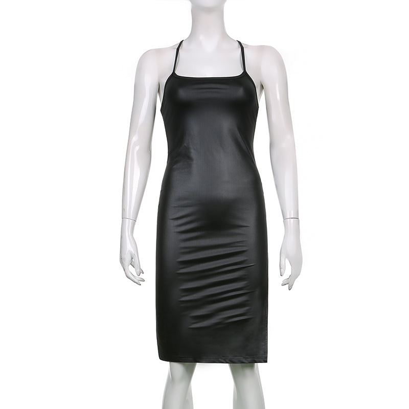 Mulheres Sexy Suspender Mid-length Bodycon Dress Moda Cor Sólida Bandagem de Couro Backless Skinny Split Dress Para Mujer Feminino