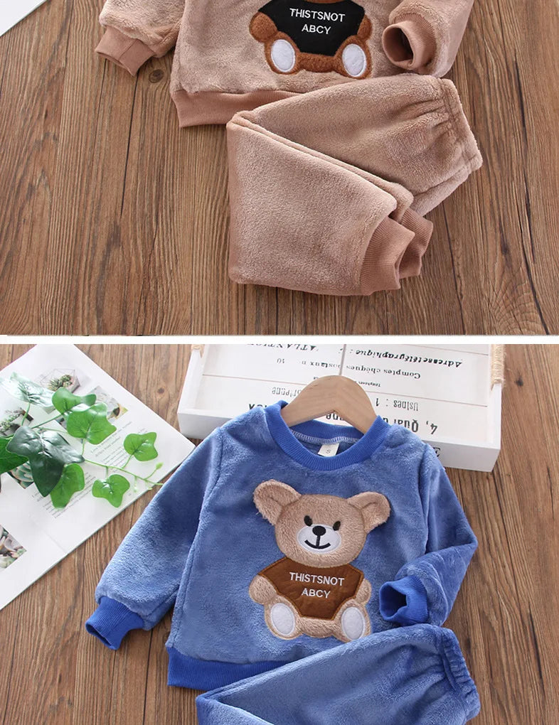 Novo Inverno Bebê Meninas Meninos Homewear Conjuntos Outono Moda Flanela Roupas de Lã Crianças Dos Desenhos Animados Urso Pijamas Crianças Pijamas