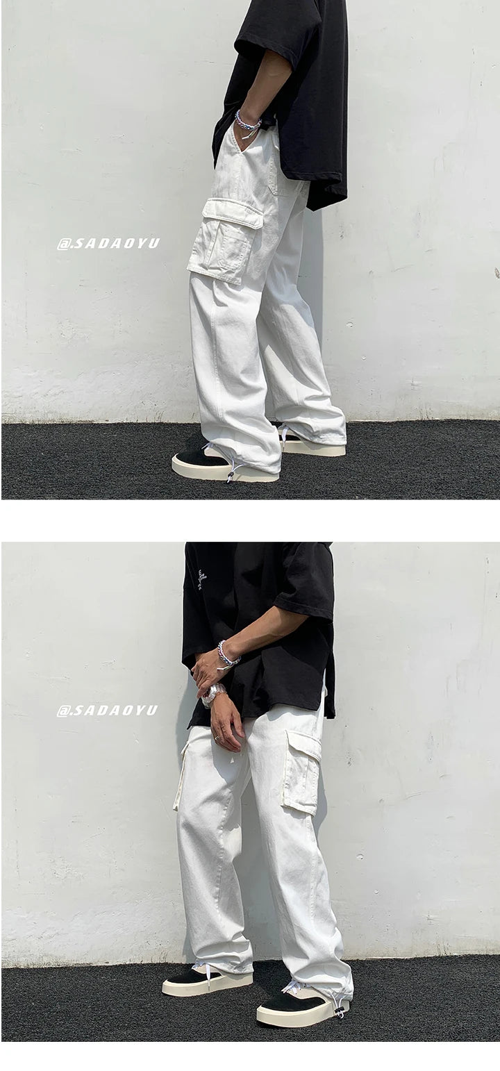 Calças de carga pretas / brancas masculinas moda solta reta calças de perna larga homens streetwear hip-hop bolso calças casuais calças masculinas