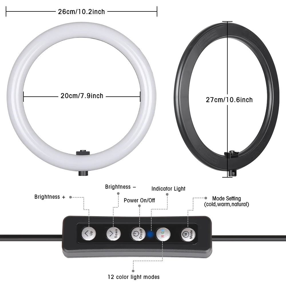 Luz de Anel LED RGB de 6/10/12 Polegadas, Lâmpada de Anel para Selfie, 15 Cores, 3 Modos com Suporte de Tripé, Plug USB para Transmissão ao Vivo no YouTube, Maquiagem e Fotografia