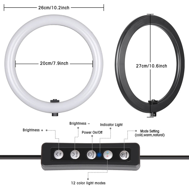 Luz de Anel LED RGB de 6/10/12 Polegadas, Lâmpada de Anel para Selfie, 15 Cores, 3 Modos com Suporte de Tripé, Plug USB para Transmissão ao Vivo no YouTube, Maquiagem e Fotografia
