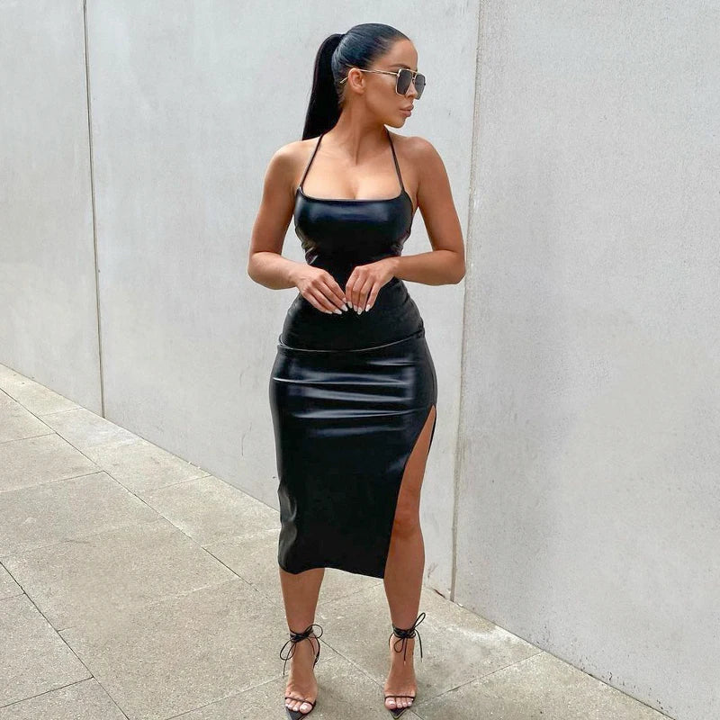 Mulheres Sexy Suspender Mid-length Bodycon Dress Moda Cor Sólida Bandagem de Couro Backless Skinny Split Dress Para Mujer Feminino