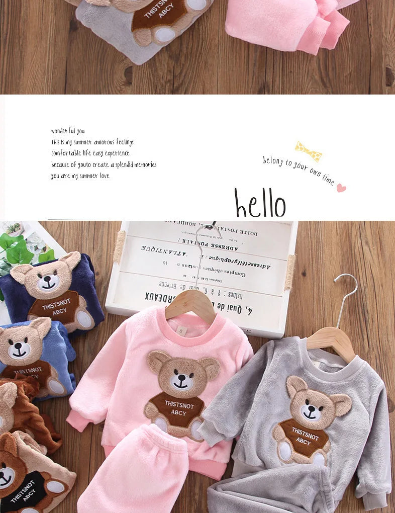 Novo Inverno Bebê Meninas Meninos Homewear Conjuntos Outono Moda Flanela Roupas de Lã Crianças Dos Desenhos Animados Urso Pijamas Crianças Pijamas