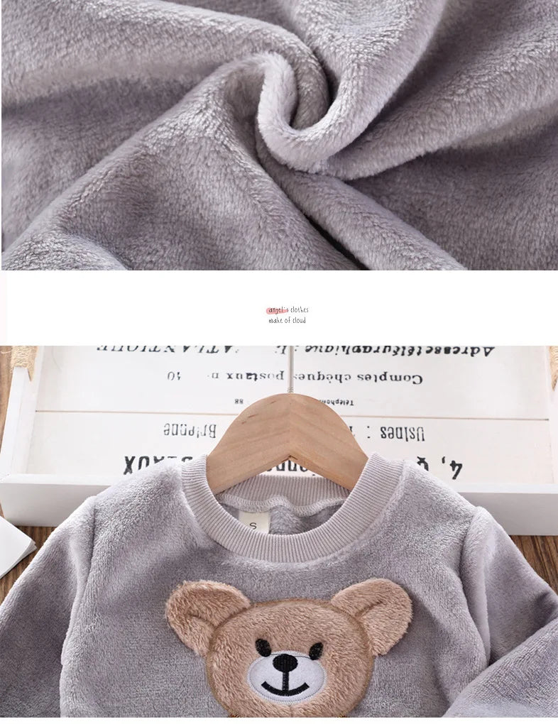 Novo Inverno Bebê Meninas Meninos Homewear Conjuntos Outono Moda Flanela Roupas de Lã Crianças Dos Desenhos Animados Urso Pijamas Crianças Pijamas