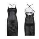 Mulheres Sexy Suspender Mid-length Bodycon Dress Moda Cor Sólida Bandagem de Couro Backless Skinny Split Dress Para Mujer Feminino