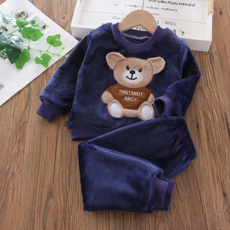 Novo Inverno Bebê Meninas Meninos Homewear Conjuntos Outono Moda Flanela Roupas de Lã Crianças Dos Desenhos Animados Urso Pijamas Crianças Pijamas
