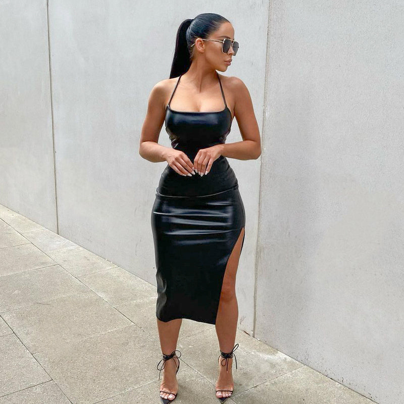 Mulheres Sexy Suspender Mid-length Bodycon Dress Moda Cor Sólida Bandagem de Couro Backless Skinny Split Dress Para Mujer Feminino