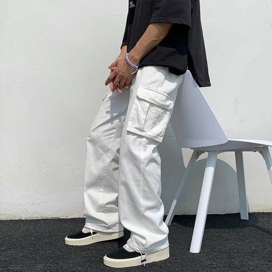 Calças de carga pretas / brancas masculinas moda solta reta calças de perna larga homens streetwear hip-hop bolso calças casuais calças masculinas
