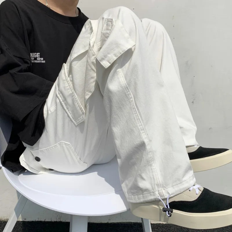 Calças de carga pretas / brancas masculinas moda solta reta calças de perna larga homens streetwear hip-hop bolso calças casuais calças masculinas