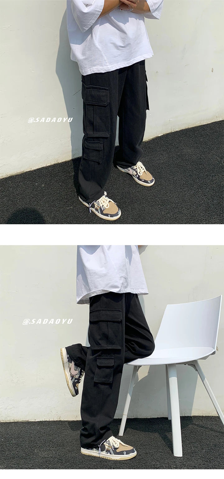 Calças de carga pretas / brancas masculinas moda solta reta calças de perna larga homens streetwear hip-hop bolso calças casuais calças masculinas