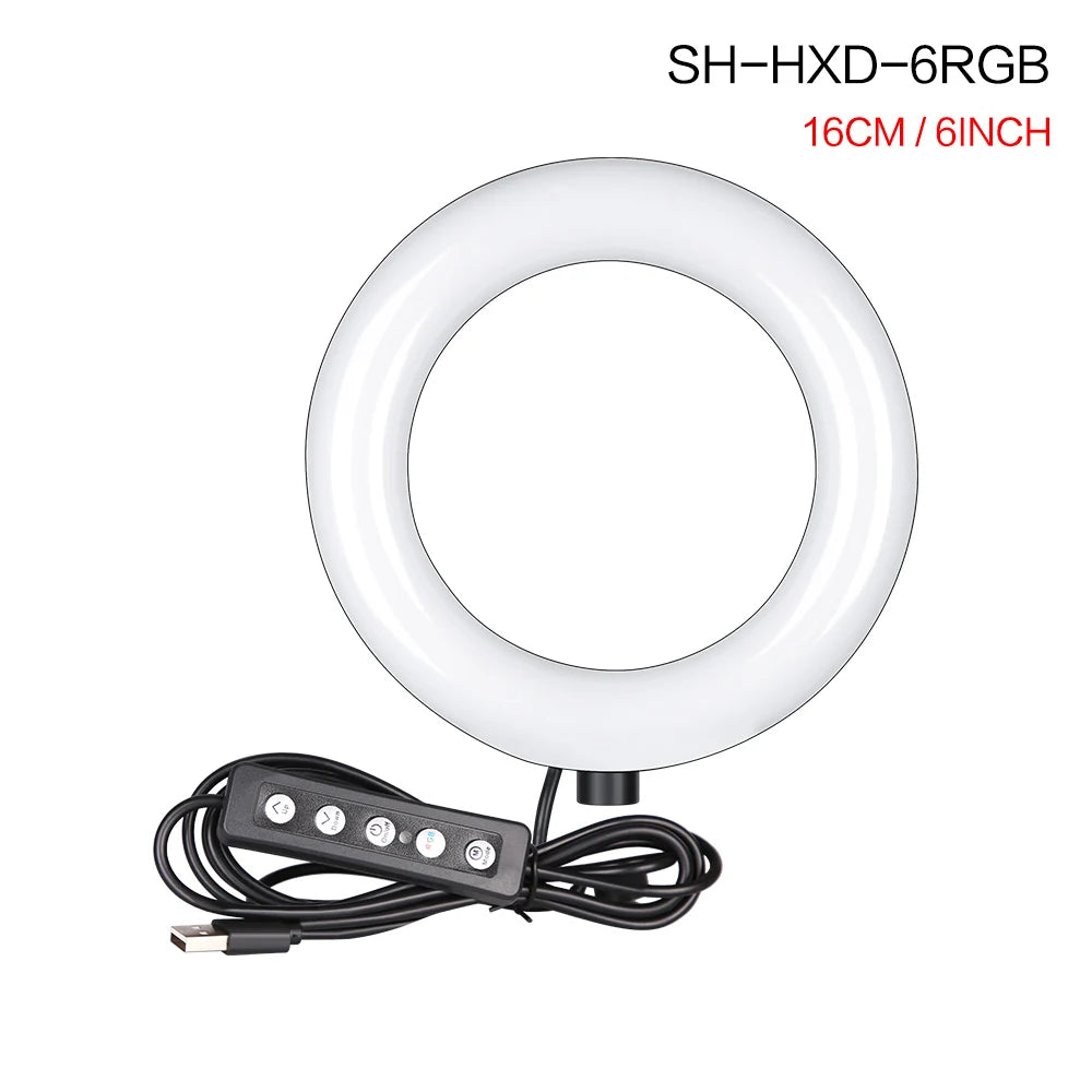 Luz de Anel LED RGB de 6/10/12 Polegadas, Lâmpada de Anel para Selfie, 15 Cores, 3 Modos com Suporte de Tripé, Plug USB para Transmissão ao Vivo no YouTube, Maquiagem e Fotografia