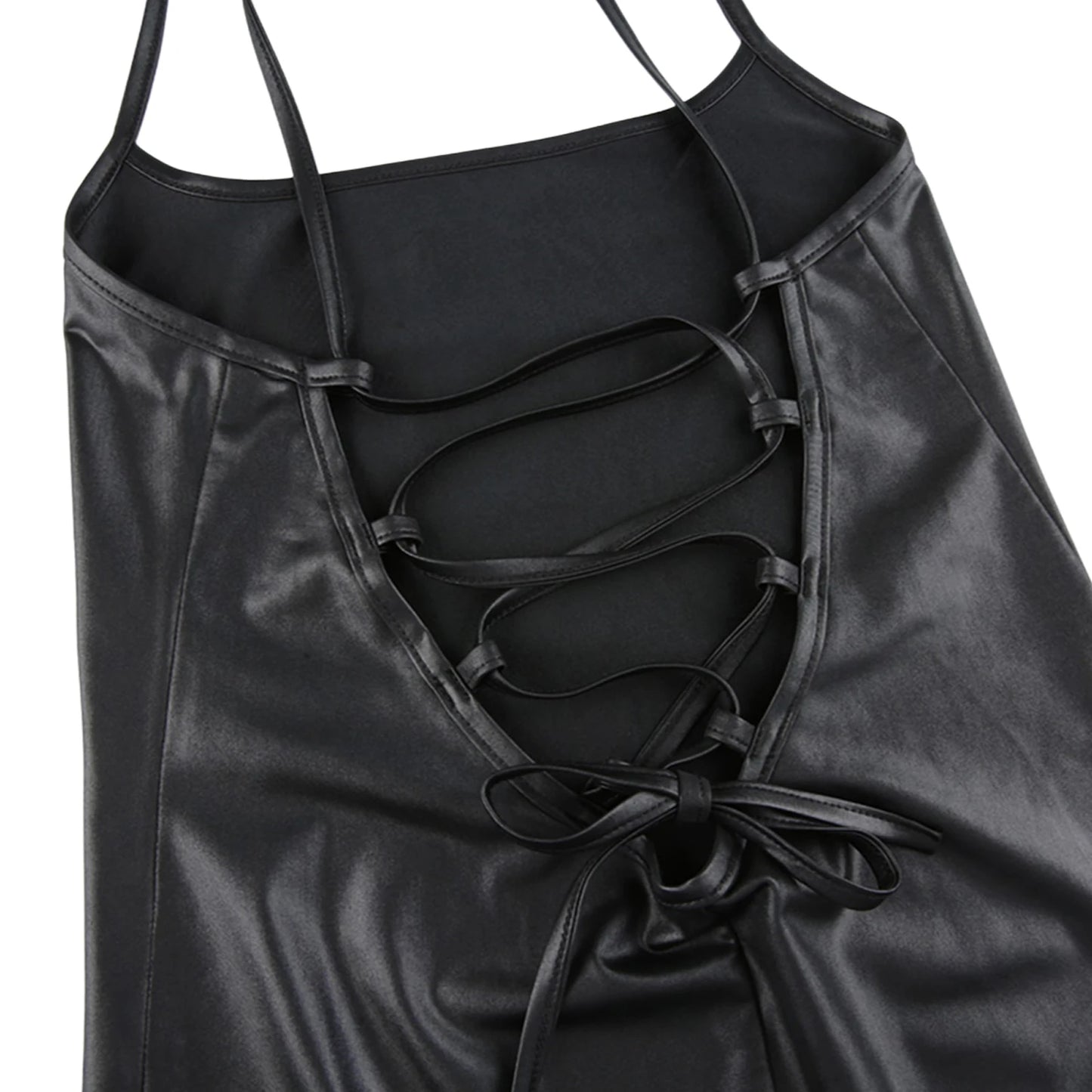 Mulheres Sexy Suspender Mid-length Bodycon Dress Moda Cor Sólida Bandagem de Couro Backless Skinny Split Dress Para Mujer Feminino
