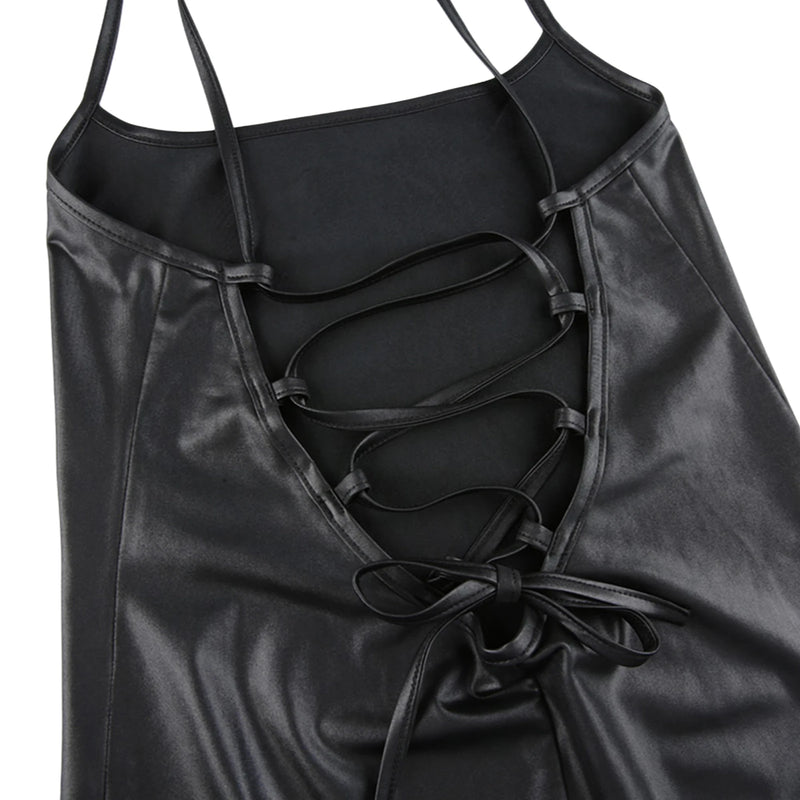 Mulheres Sexy Suspender Mid-length Bodycon Dress Moda Cor Sólida Bandagem de Couro Backless Skinny Split Dress Para Mujer Feminino