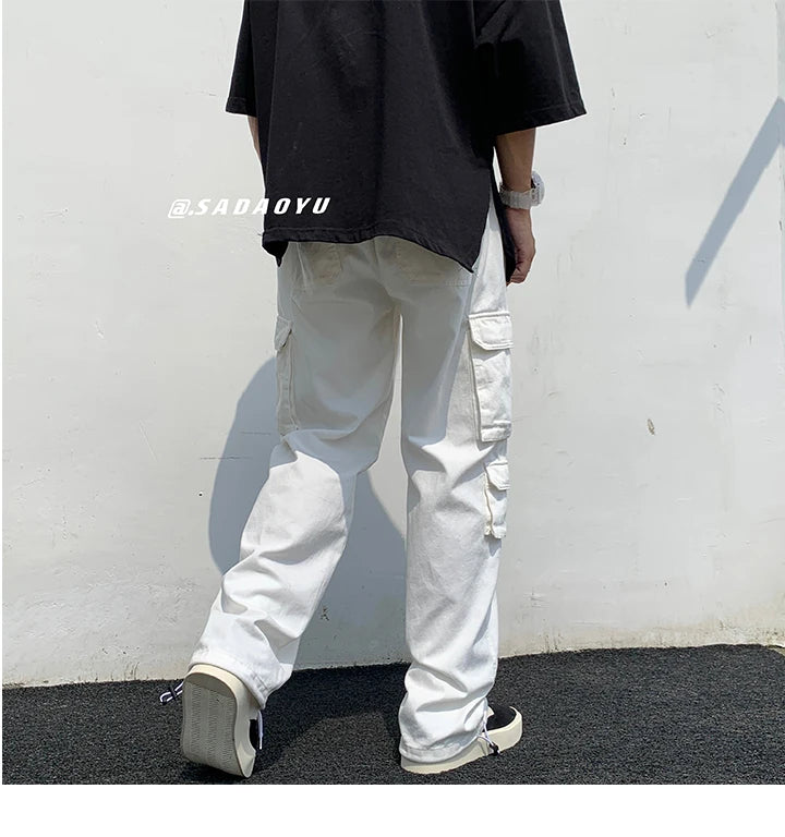 Calças de carga pretas / brancas masculinas moda solta reta calças de perna larga homens streetwear hip-hop bolso calças casuais calças masculinas