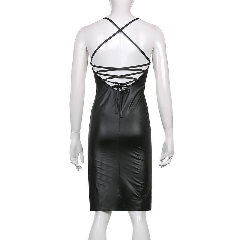 Mulheres Sexy Suspender Mid-length Bodycon Dress Moda Cor Sólida Bandagem de Couro Backless Skinny Split Dress Para Mujer Feminino