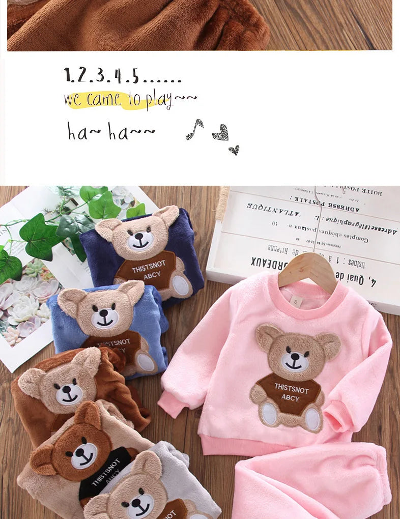 Novo Inverno Bebê Meninas Meninos Homewear Conjuntos Outono Moda Flanela Roupas de Lã Crianças Dos Desenhos Animados Urso Pijamas Crianças Pijamas