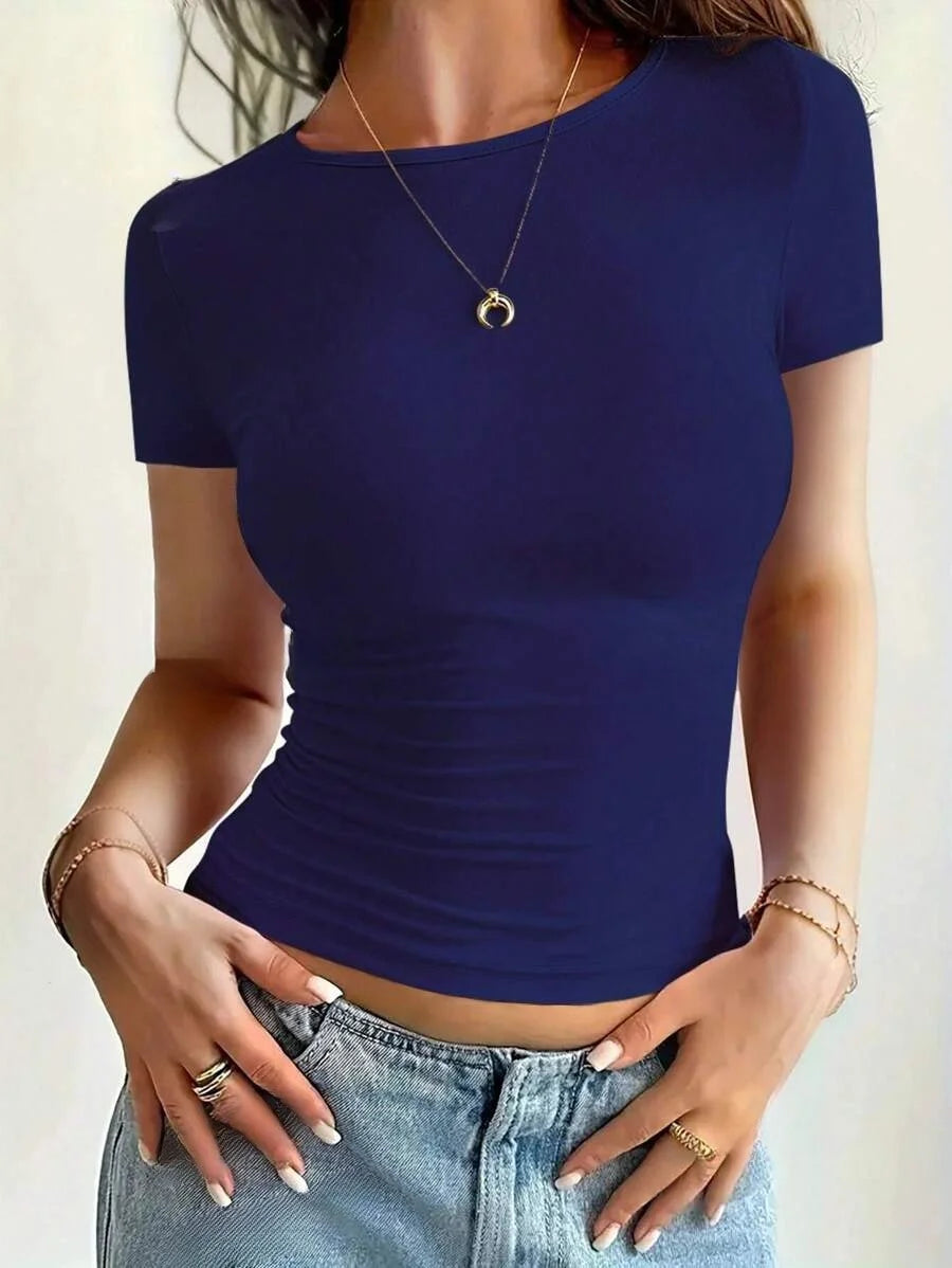 Camisetas Femininas Básicas Decote Redondo Manga Curta Tops Curtos Tops Fofos de Verão Camisetas Slim Fit Y2k Roupas 2024