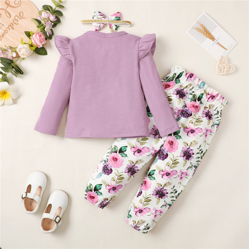 1-5 anos Kids Girl Conjunto de roupas de manga comprida Camisa com nervuras de cor sólida + calças florais + faixa de cabeça Outono 3PCS Outfit para menina da criança