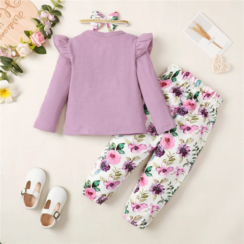 1-5 anos Kids Girl Conjunto de roupas de manga comprida Camisa com nervuras de cor sólida + calças florais + faixa de cabeça Outono 3PCS Outfit para menina da criança