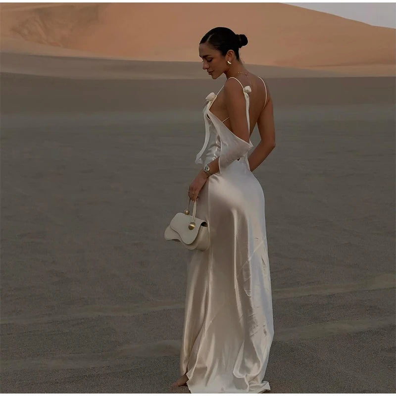 Sexy fita branca de seda cetim estilingue vestido para as mulheres elegante swing colarinho backless vestidos longos 2025 mulheres novo praia férias robe
