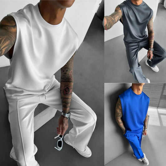 2025 Verão novo masculino moda esportiva calças casuais colete conjunto solto sem mangas T-shirt conjunto de cor sólida