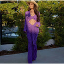 Vestido Maxi Fino Roxo Oco Out Mulheres Elegante Decote Em V Profundo Plissado Manga Cheia Vestidos Longos 2024 Vestes De Festa Da Senhora Da Moda