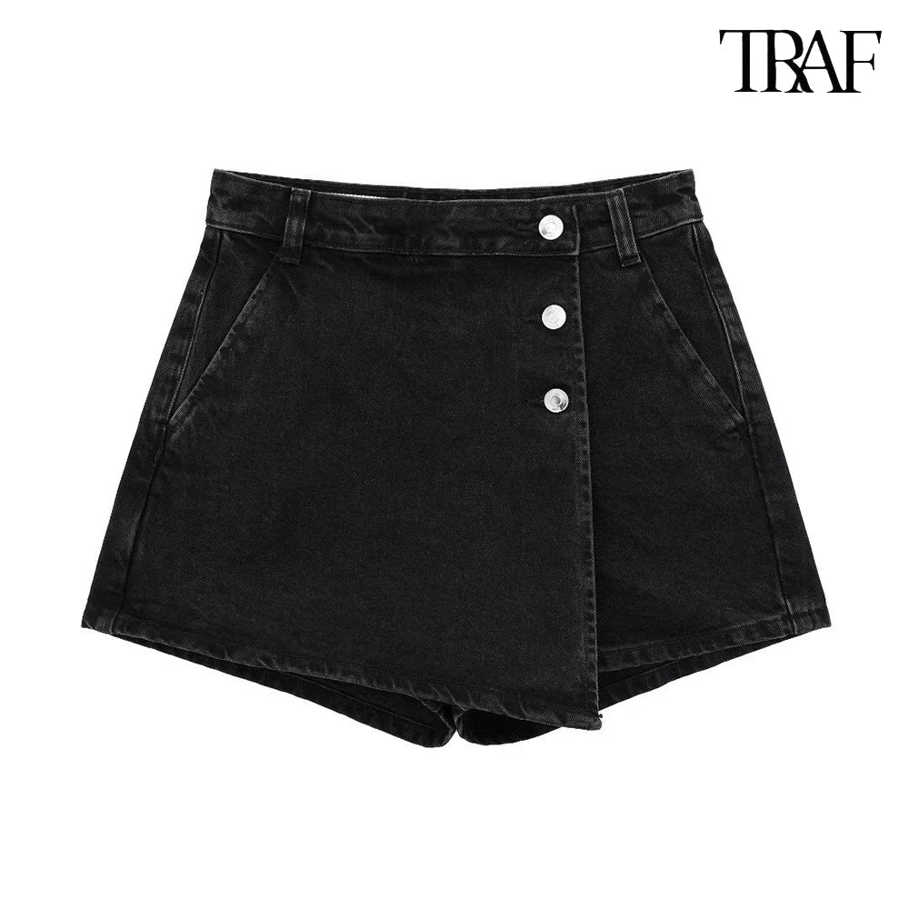 TRAF Verão Feminino Novo Jeans Moda Street Wash Jeans Botão Frontal Mini Saia Sexy Slim Blue Jeans Saia Centenas de Calças