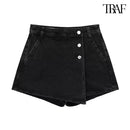 TRAF Verão Feminino Novo Jeans Moda Street Wash Jeans Botão Frontal Mini Saia Sexy Slim Blue Jeans Saia Centenas de Calças