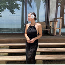 Elegante Plissado Halter Vestidos Longos Mulheres Retro Sexy Slim Sem Mangas Sem Encosto Vestido de Praia Feminino Chic Party Holiday Vestidos