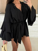 Elegante Plissado Vestido Curto Mulheres Solto Lace Up Manga Longa Flare V Neck Vestidos Feminino 2025 Primavera Oco Out Praia Robe Senhora