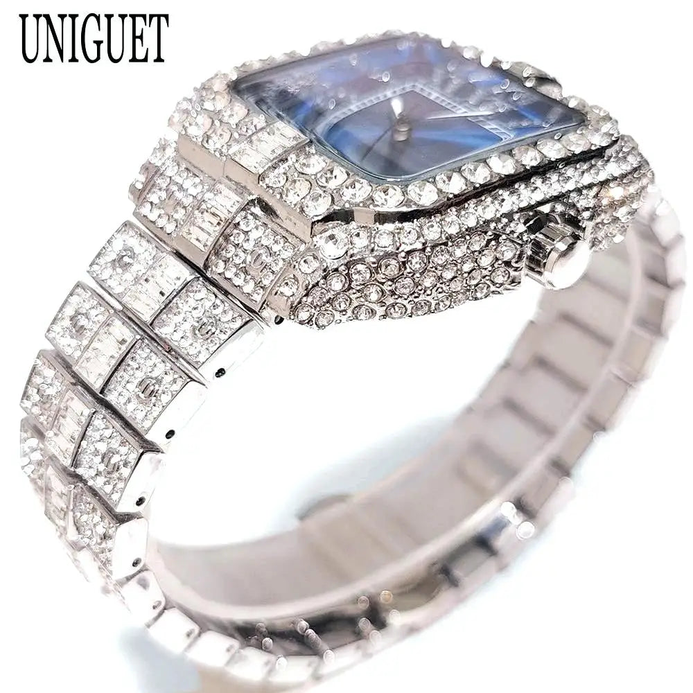 UNIGUET Relógio de Quartzo Azul Para Homens Moda Praça Iced Out Relógio Homem Hip Hop Diamante Jóias Relógio de Pulso Rock Boy Reloj Hombre