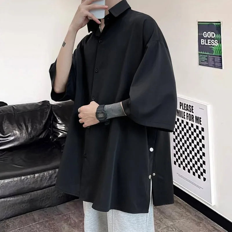 Camisa de manga curta de verão para homens de grandes dimensões preto branco camisa streetwear coreano solto camisas de seda de gelo dos homens camisa casual m-3xl