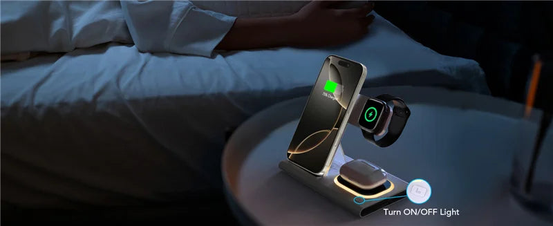 Carregador Sem Fio 3 Em 1 Dobrável 300W com Suporte de Mesa para Carregamento Rápido para iPhone 16 15 14 13, Samsung, Apple Watch e Airpods